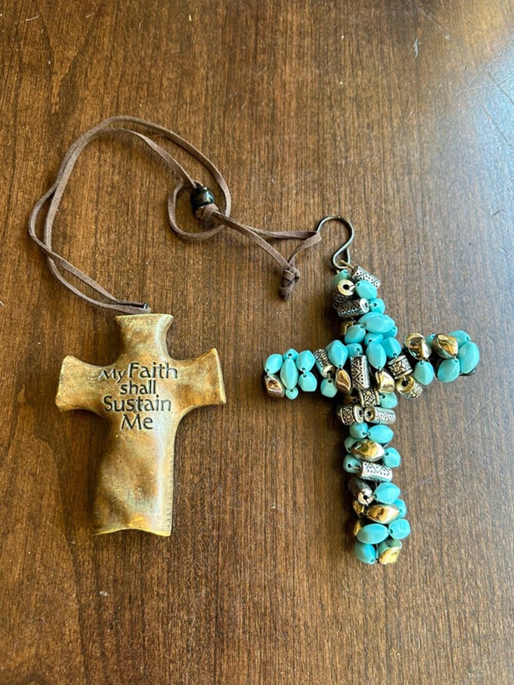 Pair of cross ornaments hanging wall decor religious art beaded